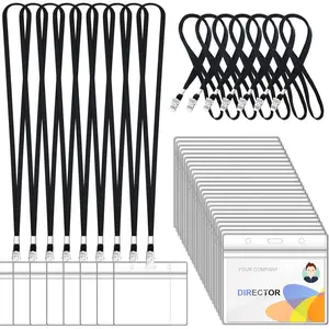 100 count Lanyards for Id Badges and 100 count Clear Plastic Horizontal Name Badge ID Card Holders, Flat  Lanyards with Clip  Resealable Name Tag Badge ID Card Holders, Black