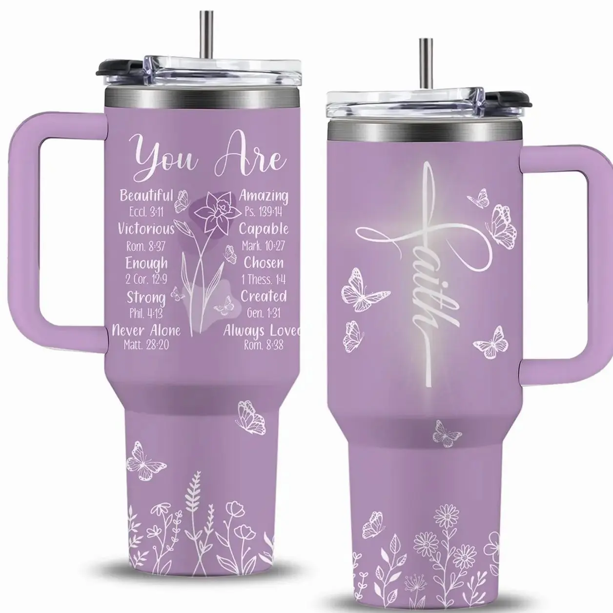 Purple Christian Gifts for Women Tumbler 40oz with Handle, Religious Gifts for Women, Spiritual Encouragement Gifts, Bible Verse Christian Tumbler, Birthday Gift, Christmas Gift for Mom, Grandma, Sister, Friend