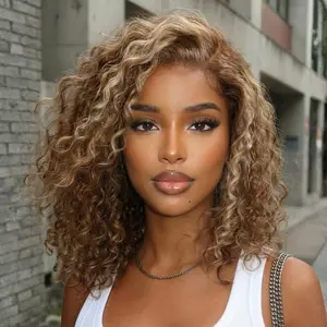 【Side Part】UNice 250% Honey Blonde Highlights Curly Bob Wigs No Slip Glueless 7x5 Lace Closure Human Hair Wigs with Drawstring Shoulder-length for Summer Natural Hairline summer wig
