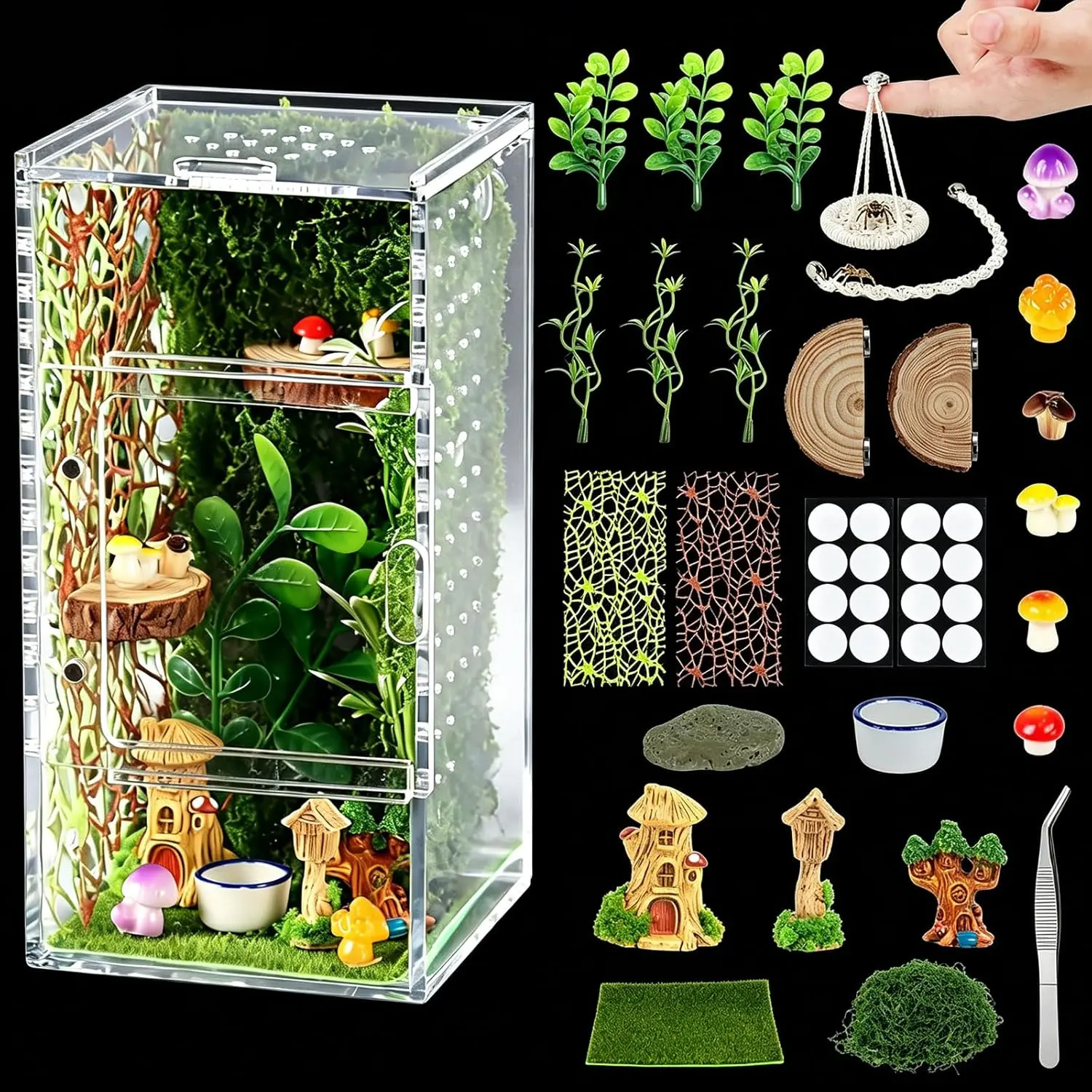 Acrylic Glass Spider Enclosure Kit, Small Reptile Terrarium with Magnetic Door, Bug Habitat with Jumping Spider Accessories for Tarantula, Mantis [Specify in x in x in]