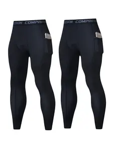 2 Pack Men's Compression Pants with Pocket, Performance Gym Running Tights Athletic Leggings, Lightweight Base Layers Workout Bottom for Yoga Football Cycling Sports Athletic Bottoms, Shaping Leggings, Compression Shapewear Leggings