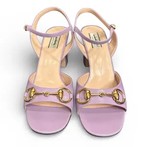 Gucci "Lady" Horsebit Mid-Heel Leather Sandals in Lavender