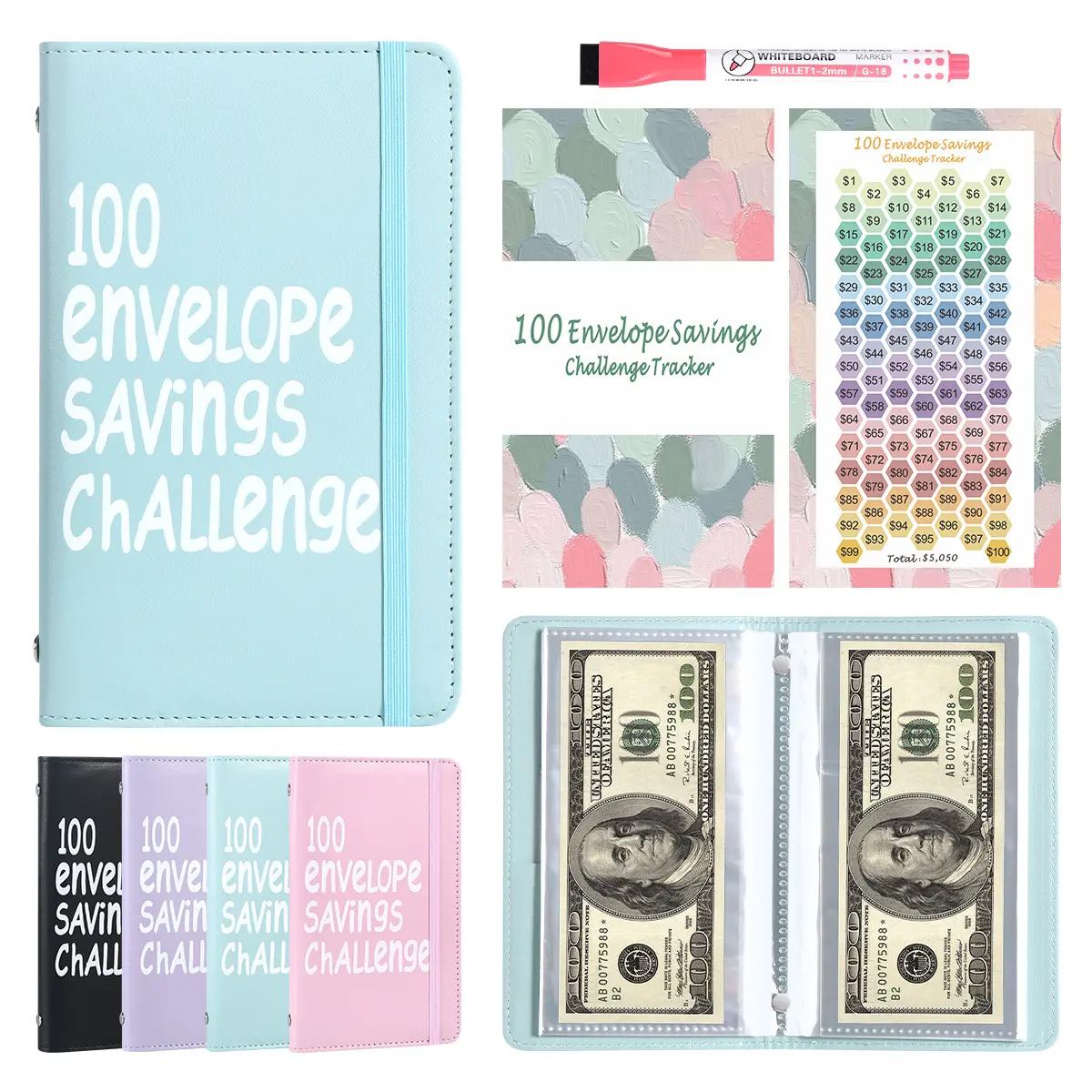100 Envelopes Money Saving Challenge - A5 Money Saver Budget Binder Book with Cash Envelopes, Savings Tracker Card, Pen, 100-Days of Easy and Fun Ways to Save $5,050 Cash Envelope Challenge Binder, Perfect for Building Smart Money Habits