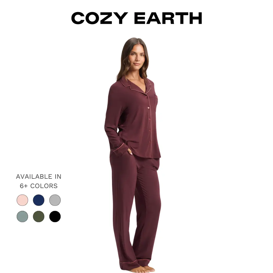 Cozy Earth Women’s Bamboo Stretch-Knit Long Sleeve Pajama Set | Soft, Breathable, Lightweight Set | Elastic Waistband, Pockets, and Moisture-Wicking