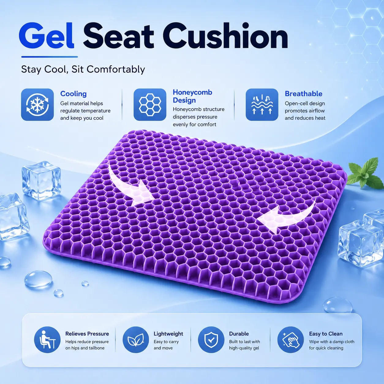 1/2/3 Pcs Breathable Honeycomb Gel Seat Cushion, 16.5x14.5" Non-Slip Ergonomic Pad for Desk/Chair/Car, with Cooling Relief for Wheelchair Use