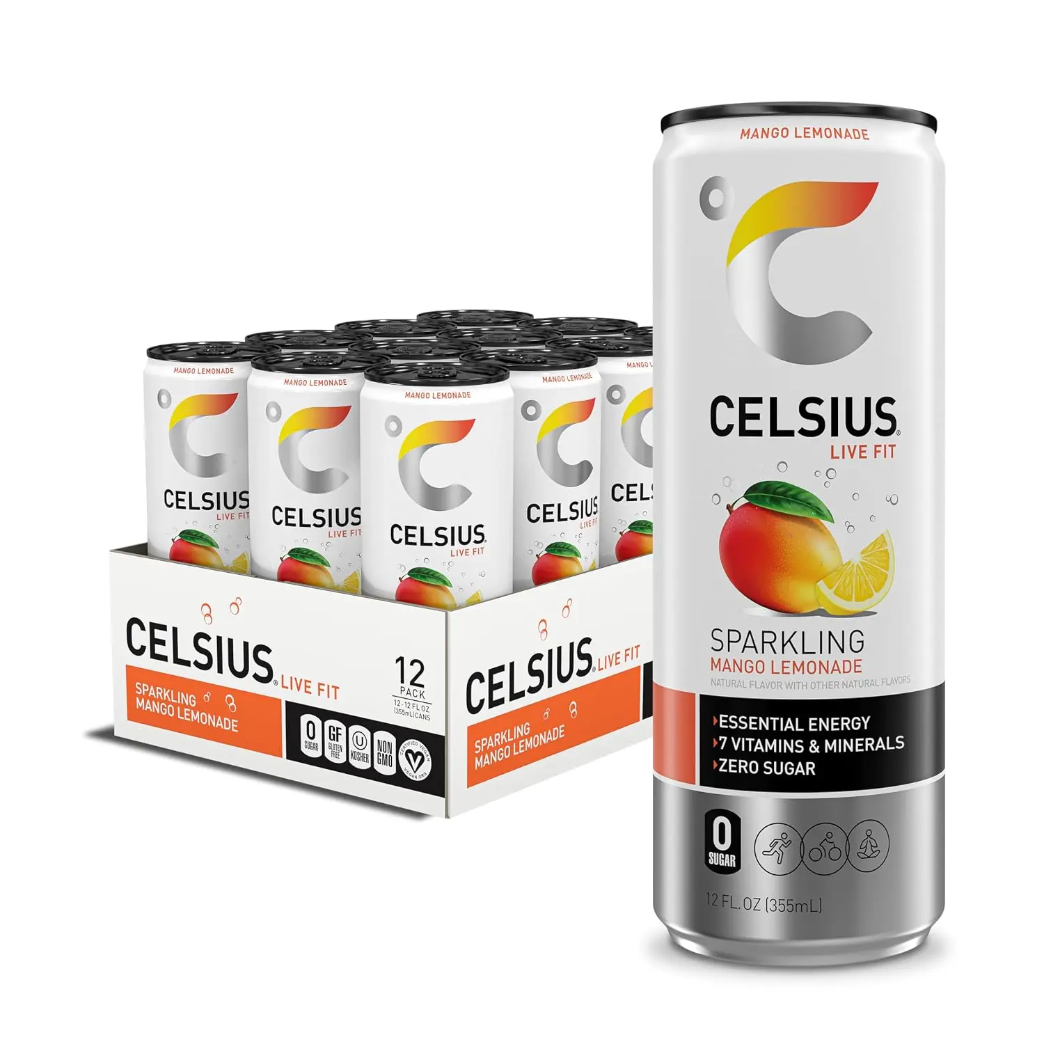 CELSIUS Sparkling Mango Lemonade Sugar-Free Energy Drink, 12 fl oz Cans, Pack of 12 – Functional Energy Beverage with Essential Vitamins Flavor
