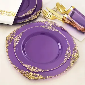 New 70pcs Golden Border Embossed High-end Purple Party Tableware Set Embossed Hard Plastic Tableware Party Dining Plates For Weddings And Birthdays (7 Inch Plates * 10 9 Inch Plates * 10 Cups * 10 Tissues * 10 10 Knives Forks Spoons Each) Disposable