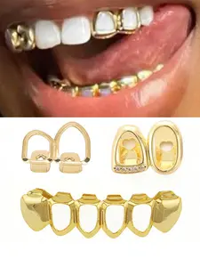 3PCS Hollow Hip Hop Teeth Set, Copper Plated Rap Teeth Fake Teeth, Unisex Street Style, Hip Hop Rapper Circle, 3 Piece Set Teeth Kit, Tooth Gems