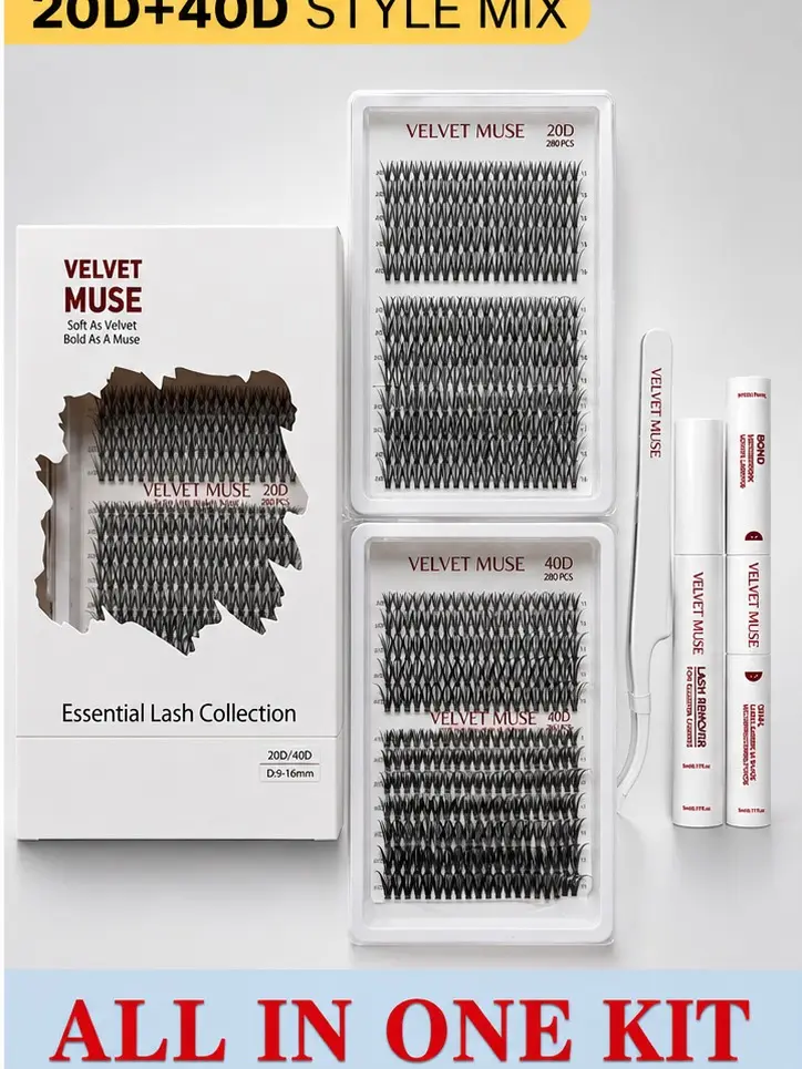 Velvet Muse   DIY Individual Eyelash Extension Kit  560PCS , 20D+40D 60D+80D Cluster Lashes with Bond and Seal, Remover &Tweezers (Max-9-16mm)