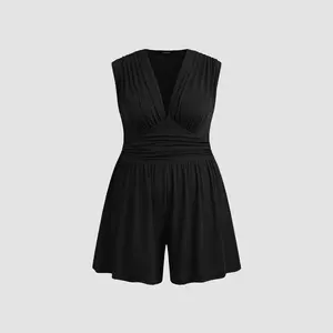 Cider [8 colors, size 0-24] Jersey V-neck Solid Ruched Romper Curve & Plus