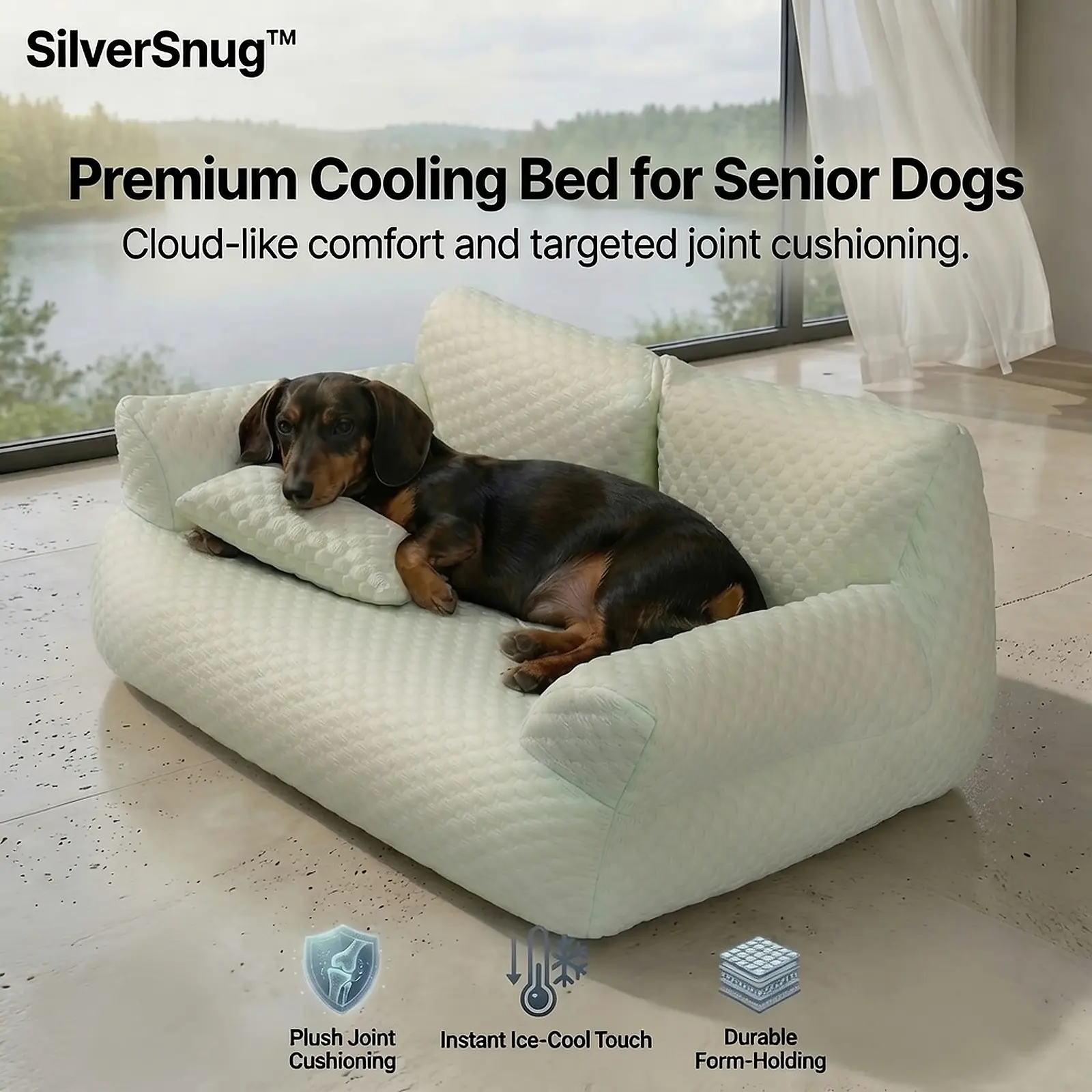 SilverSnug Cooling Dog Sofa Bed for Senior Dogs, Calming Supportive Pet Couch with Raised Bolsters and Washable Cover
