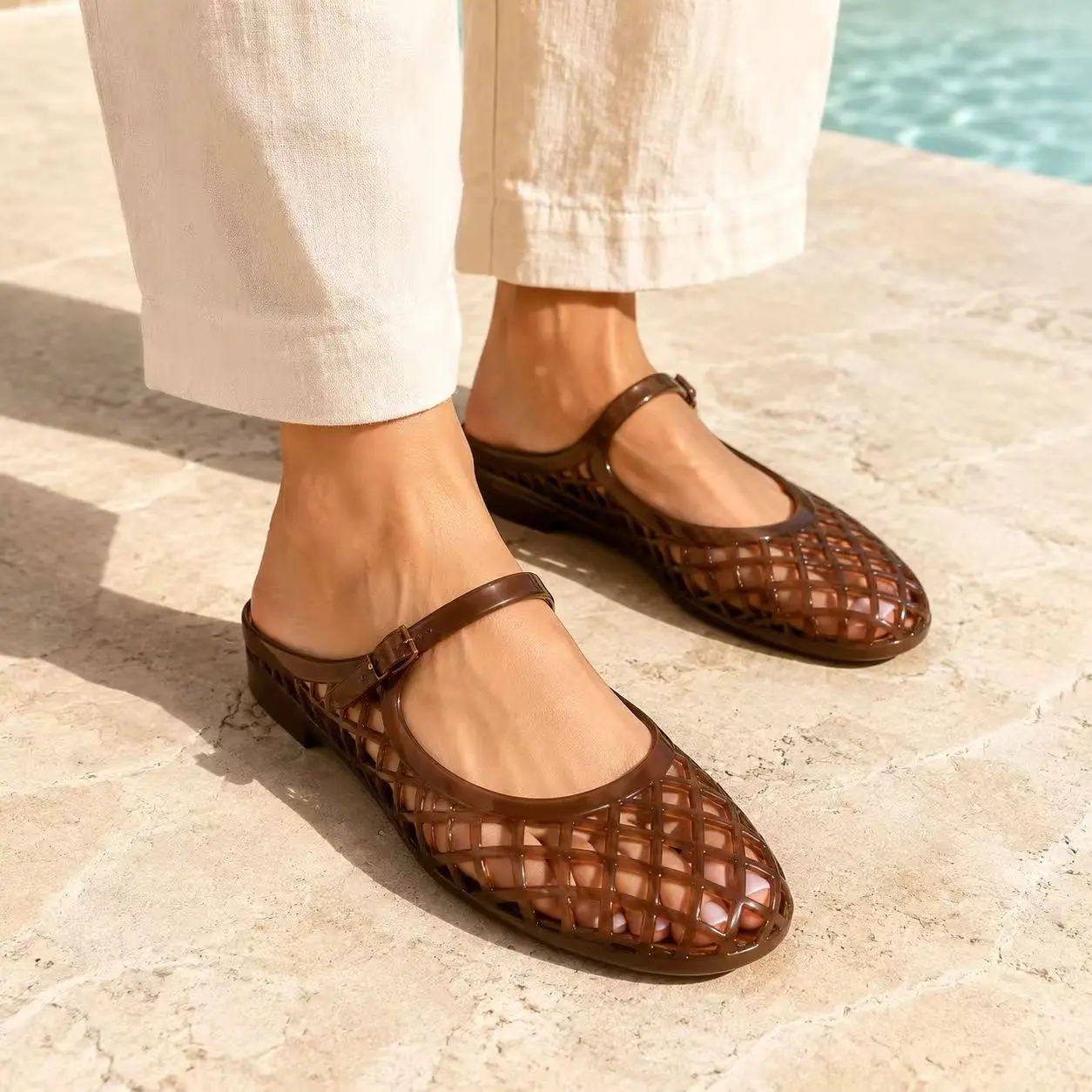 MUSSHOE Women’s Square Toe Mary Jane Jelly Flats - Breathable Ankle Footwear with Woven Cutouts, Water-Friendly, Lightweight, Easy-Clean for Beach Vacations | Women's Shoes, Shoes For Women, Beachwear