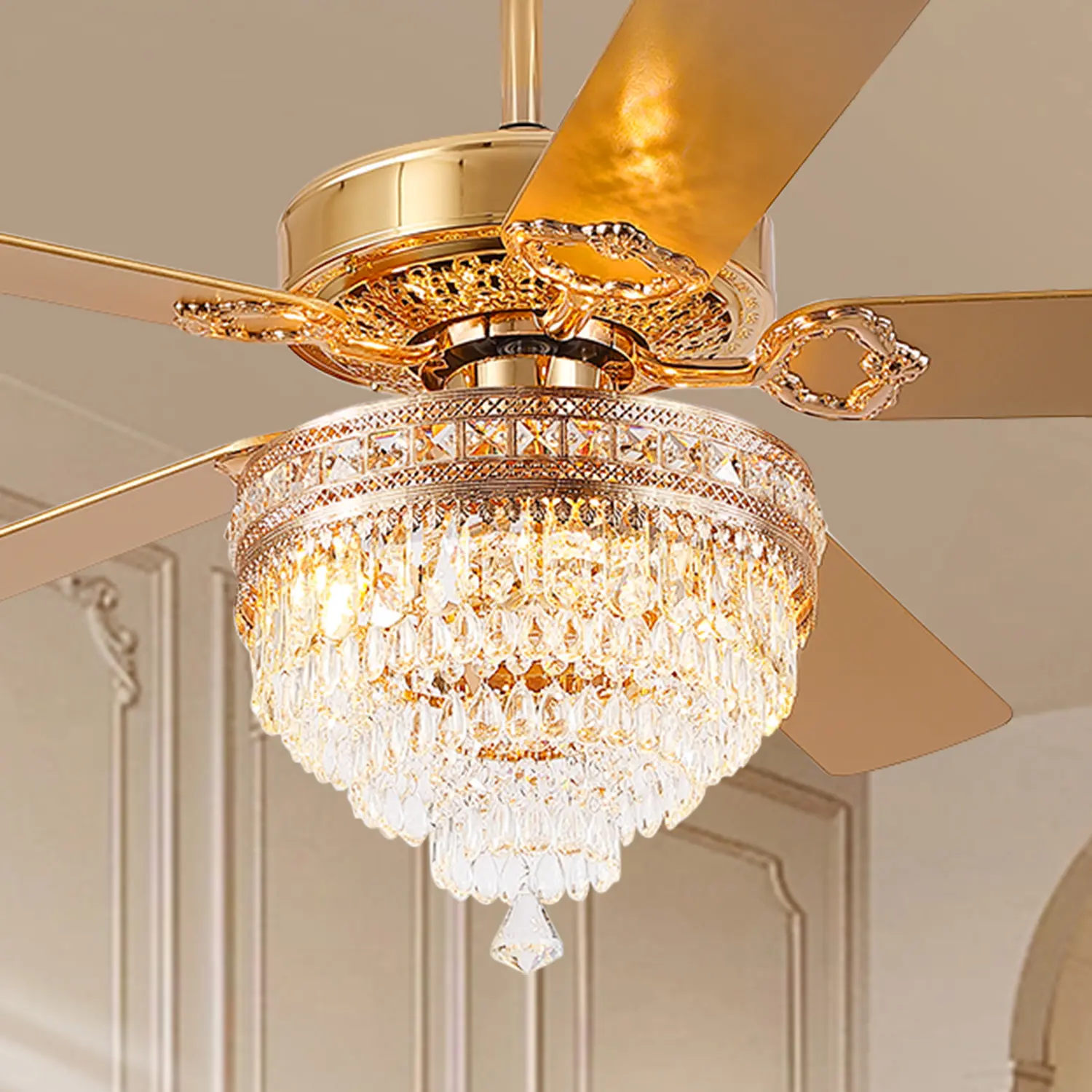 【SUMMER SALES】Kviflon 52-Inch Crystal Fandelier Ceiling Fan with Quiet AC Motor, Remote Control, Modern Farmhouse Style, Cozy Lighting, Comfortable Airflow for Living Room, Dining Room, Indoor Outdoor Use-5003, Ceiling Fans