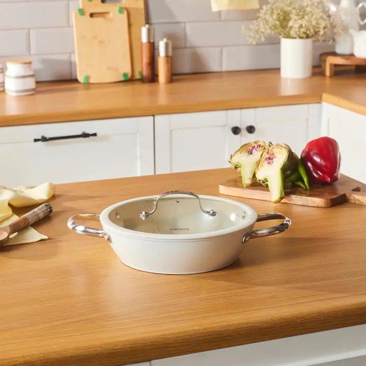 Karaca Swiss Crystal 26cm Non-Stick Induction Shallow Casserole with Lid, Almond Cream Cookware