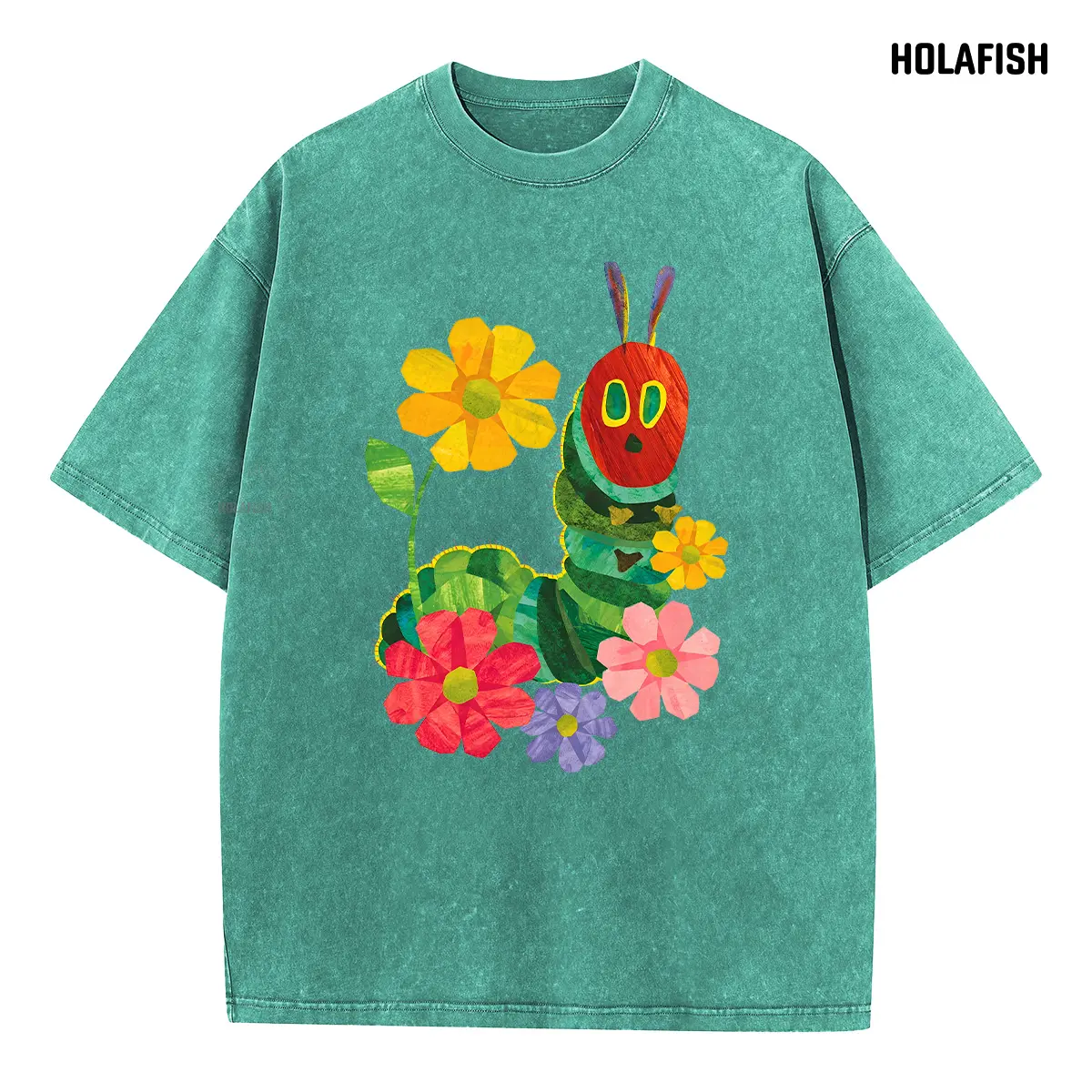 Holafish Women's Vintage Acid Wash Graphic Tee, Lightweight Cotton Crew Neck with Flower Print, Casual Baggy Streetwear Vibe