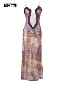 Women's All Over Print Frill Trim Cut Out Ruched Split Tulle Cami Bodycon Dress, Asymmetrical Ruched Dress, Elegant Slim-fitting Spaghetti Strap Long Dress for Party Holiday Dating Daily Wear, Ladies Summer Clothes