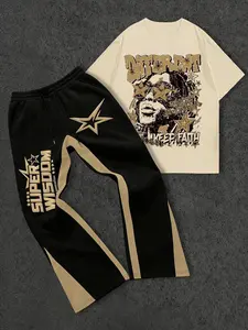 Men's Two-Piece Set Includes Star Letter Graphic Pattern T-Shirt and Pants, Round Neck Short Sleeve, Knitted Fabric, Casual Daily Wear, Matching Sets, Graphic Tee Set
