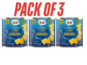 Dole Tropical Gold Pineapple Chunks in 100% Pineapple Juice, 15 oz Cans (Pack of 3) – Sweet Tropical Pineapple, Non-GMO Fruit Snack & Dessert Topping