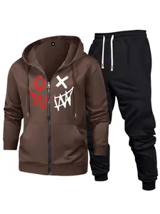 Men’s two-piece set featuring a smiley face print: zip-up hooded sweatshirt and ribbed sweatpants. Ideal for spring and autumn, it includes a regular athletic hoodie and drawstring jogger pants with cuffs. Perfect for street fashion, outdoor casual wear,