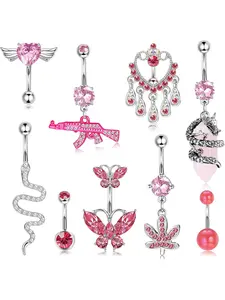 9Pcs 14G Stainless Steel Belly Button Piercing Dragon Snake Butterfly Heart Dangle Navel Piercing Hypoallergenic Pink Navel Piercing Navel Piercing Navel Ring Dangle Jewelry, Stainless Steel Body Jewelry