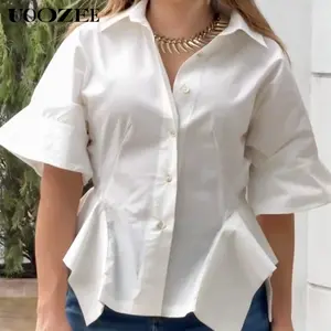 UOOZEE Women's Minimalist 100% Cotton Solid White Peplum Shirt - Lapel Collar, Half Sleeve, Sheer Smooth Fabric, Waisted, Flared Asymmetrical Ruffle Hem, Loose Fit, Buttoned, Office Wear (1 Size Up Recommended for C-Cup & Above)