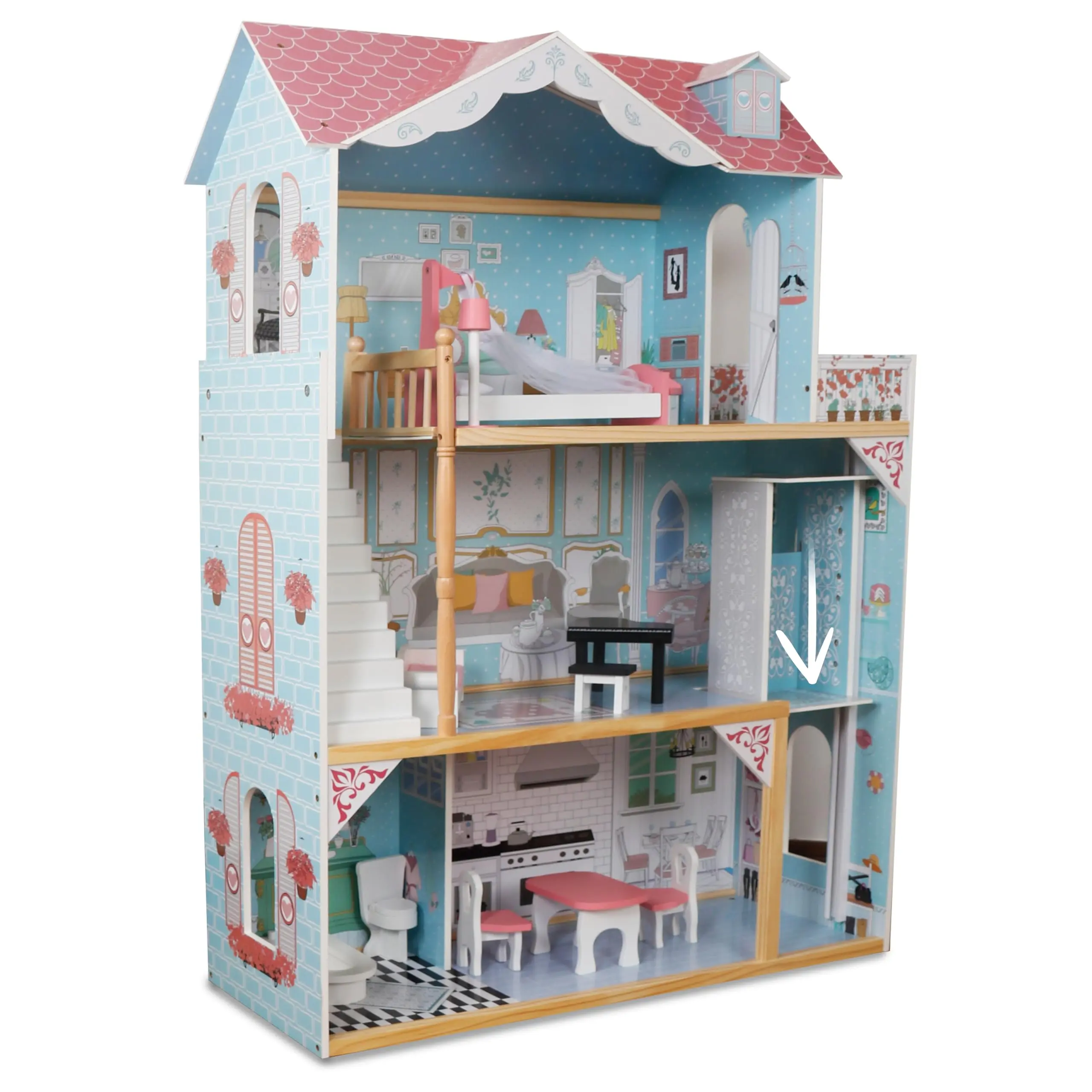 Lil' Jumbl Kid's Wooden Pink Dollhouse with Elevator, Balcony & Stairs, Accessories & Furniture Included, 3 Story Easy to Assemble Dollhouse Toy - X-Large