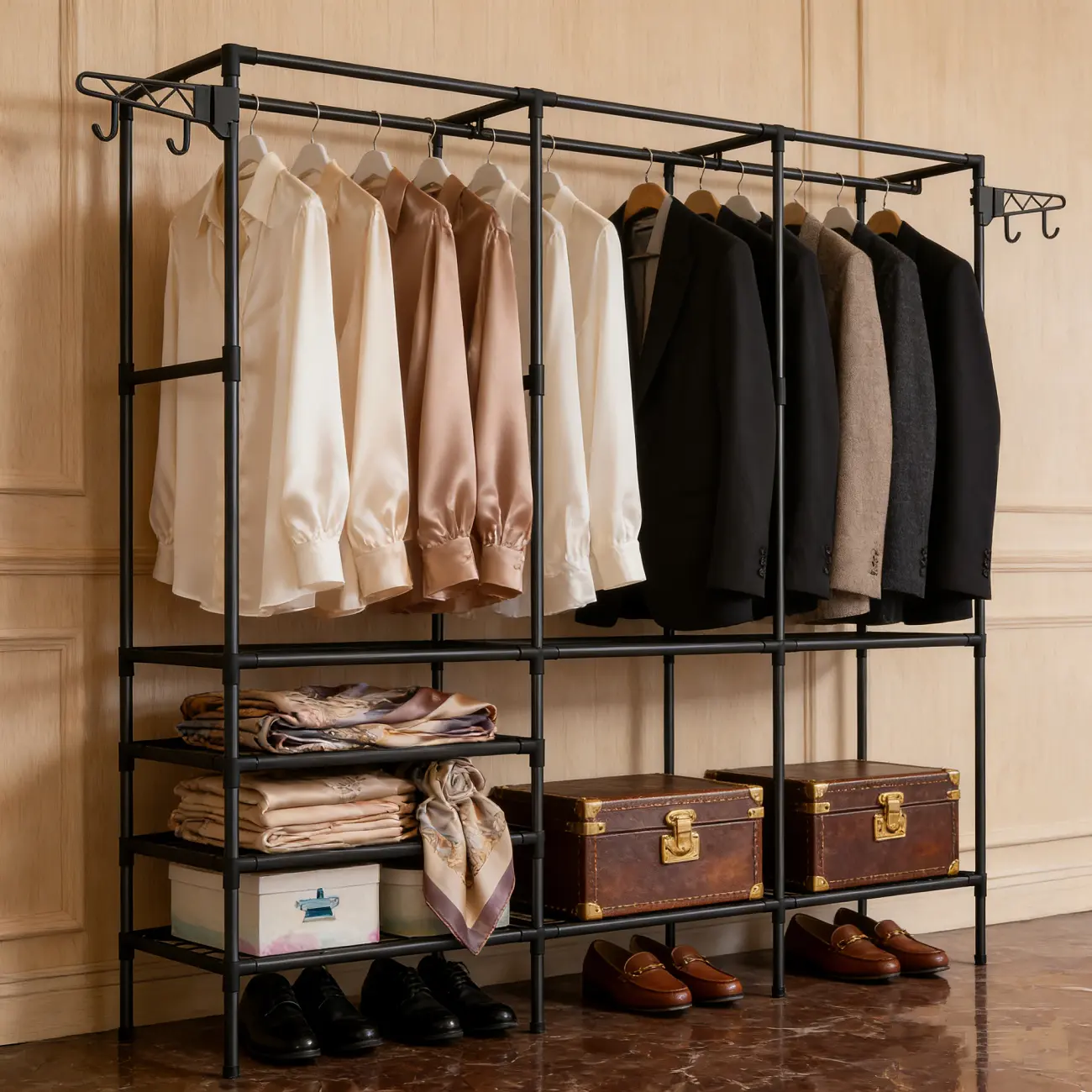 SURUI Durable Rectangle Polypropylene Foldable Wardrobe Cabinet - 3-Layer Floor Home Supplies Organizer with Clothes Rail, 20-25 Kg Capacity, Closet Storage Solution for Bedroom