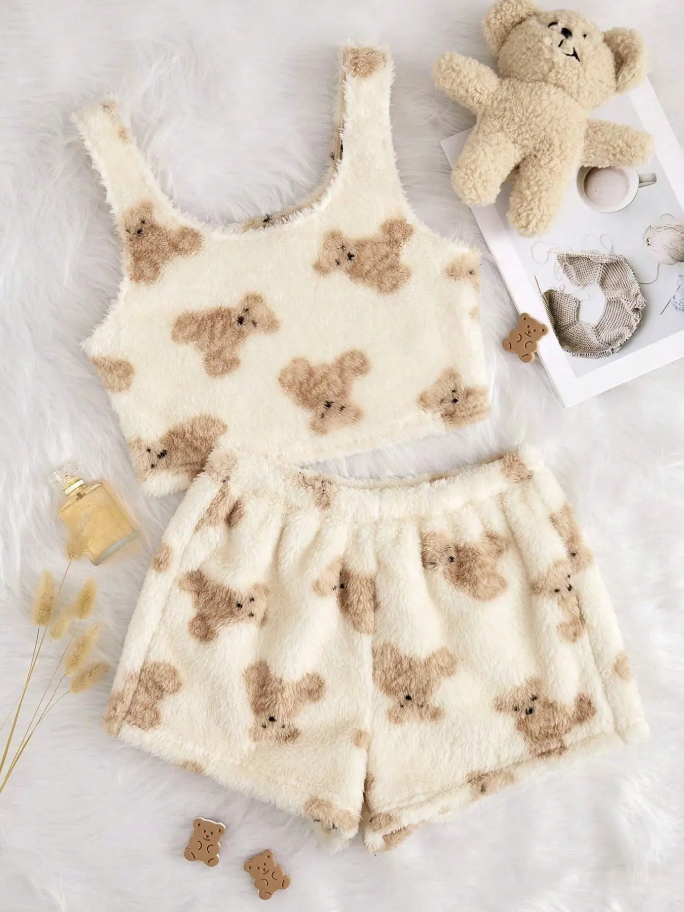 Women's Bear Print Halter Top and Shorts Pajama Set, Fitted Cute Comfortable Sleepwear for Ladies, Womenswear, Casual Nightwear, Summer Loungewear, Casual Comfy Pyjama, Pyjamas, Pjs