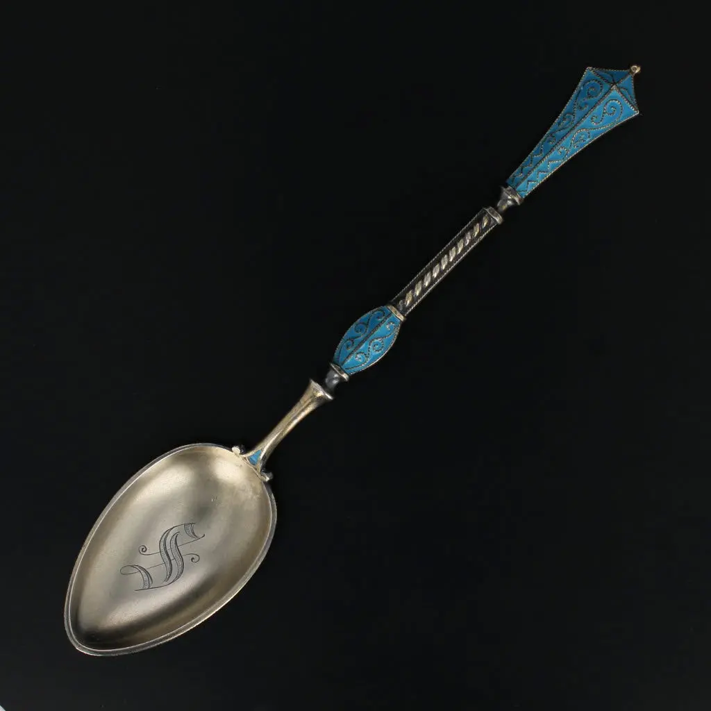 David Andersen Dragestil Sterling Silver Teaspoon with Enamel Monogram, Norwegian Kitchenware Cutlery Tableware