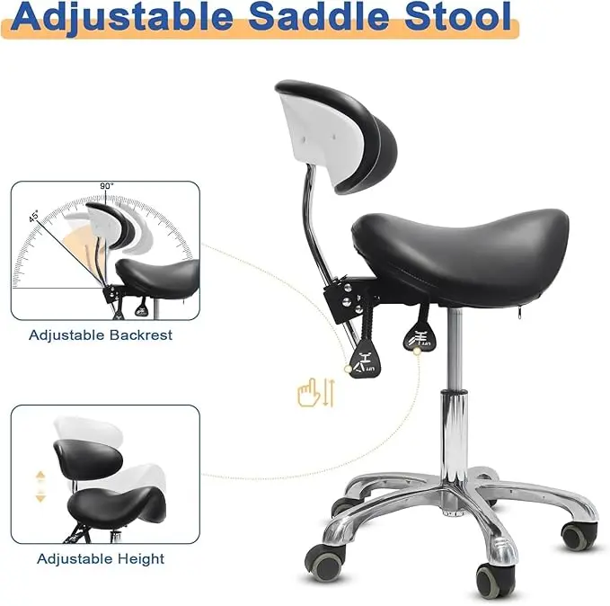 LIMKOMES Modern Ergonomic Adjustable Saddle Salon Chair with Back Support, Swivel Rolling Base – Compact Office & Commercial Seat for Hair Stylists Barber Chair