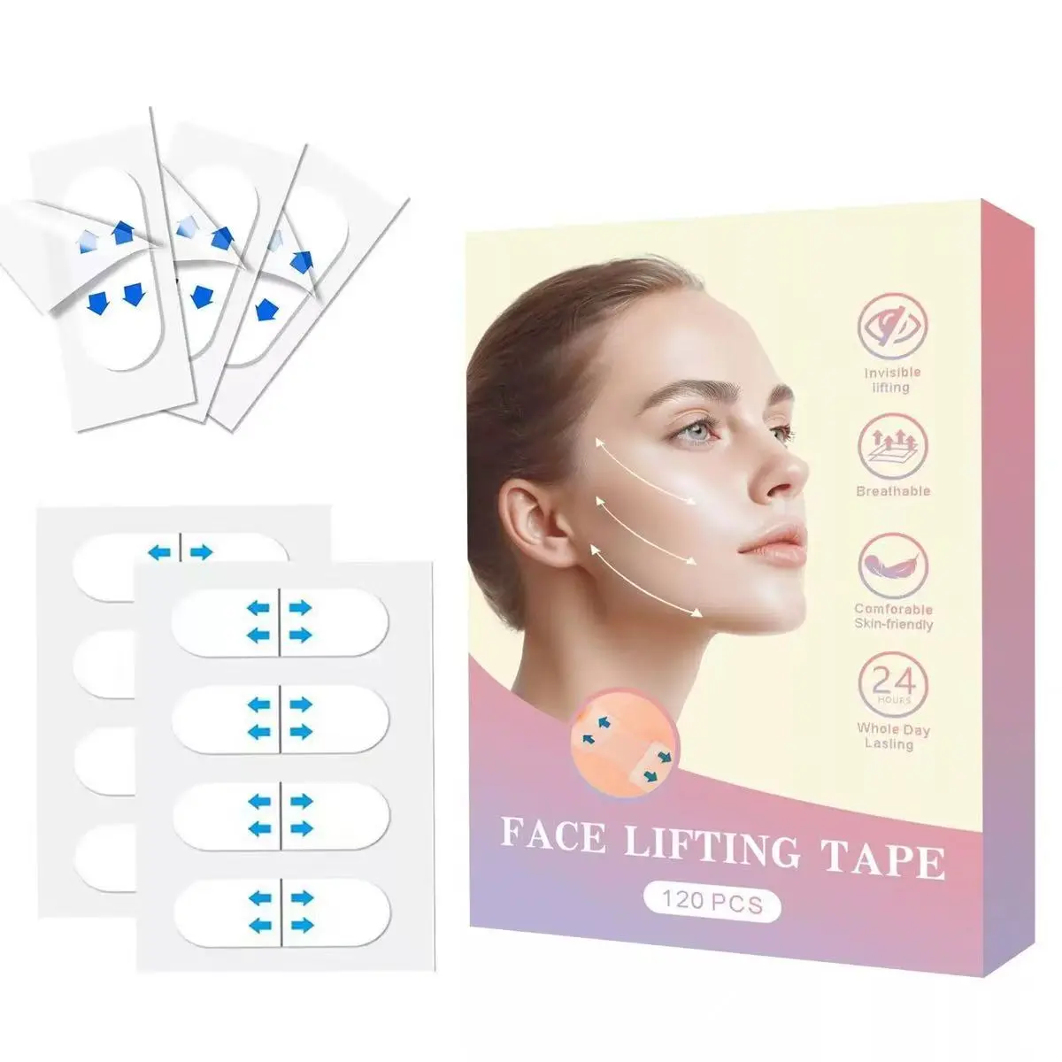 120PCS Invisible Face Lift Tape - 24H Breathable Waterproof Face Firming Patches, 10ml Compatible Jawline Lift Stickers for V-Shape & Sagging Skin, Non-Surgical Makeup Accessory