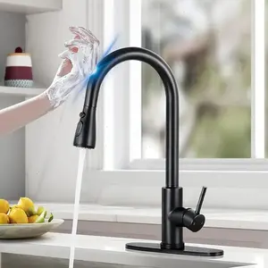 Commercial Kitchen Faucet, Single-Handle Touch Kitchen Sink Faucet with Pull-Down Sprayer, Includes Cover Plate, Fingerprint-Resistant Stainless Steel Finish, Black/Brushed Nickel