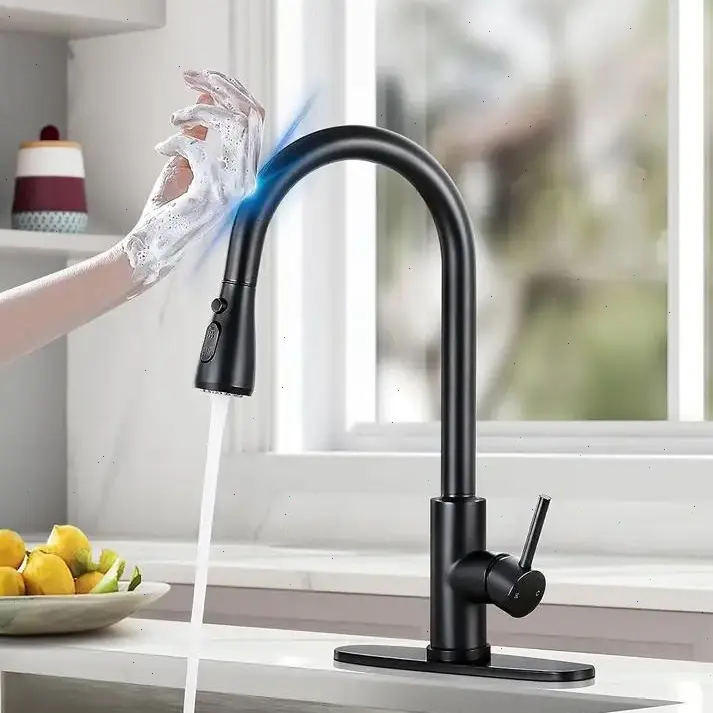Modern Commercial Single-Handle Touch Kitchen Faucet with Pull-Down Sprayer - Fingerprint-Resistant Black-Brushed Stainless Steel Finish, Single Hole Cover Plate, Camper RV Accessories, DIY Installation, Fits Farmhouse Sinks, Bathroom Vanities