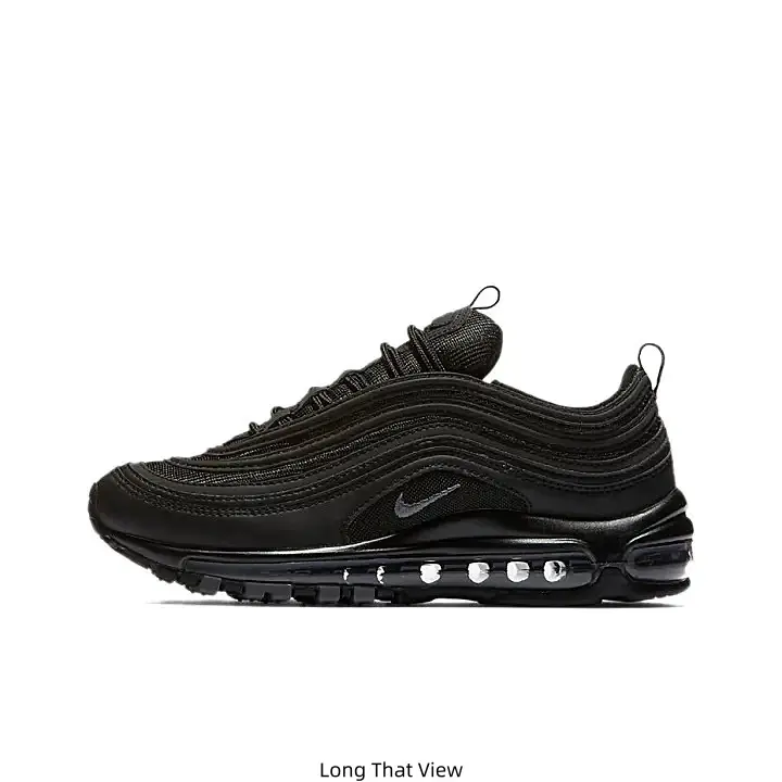 Low Top Full Air Cushion Running Sneakers All Black Woven Textured Upper Black Nike Swoosh Logo Full Length Visible Transparent Air Midsole Black Rubber Anti-Slip Outsole Lace-Up Breathable Casual Sports Trainers for Men Women