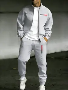 Men's Streetwear Tracksuit 2-Piece Set with PARIS Letter Print, Zip-Up Jacket and Jogger Pants