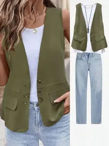 A women's olive green sleeveless single-breasted vest with a faux pocket design, suitable for summer, suitable for daily street wear and home wear, V neck waistcoat