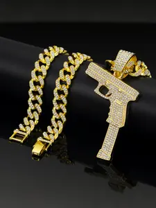 Hip Hop Gun Shape Zircon Pendant Necklace, Alloy Chain Cuban Link Design, Street Style Art Culture Jewelry, Trendy Personalized Accessories