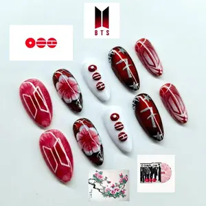 Sarahmarket Red Floral Stage Press-On Nails, Hand-Painted Blossom Art & Abstract Lines, Deep Gradient Finish, Elegant Performance Vibes, Artistic Statement Nail Art, Custom Handmade Set for Trendy Looks
