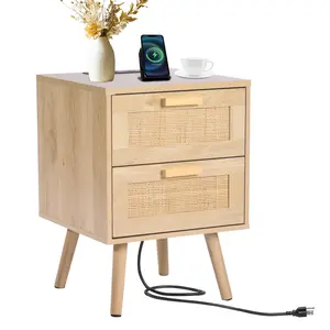 【Summervibes】Vevor Rattan Nightstand End Table, Side Table with 2 Hand Made Rattan Decorated Drawers, Wood Accent Table with Storage for Bedroom, Natural