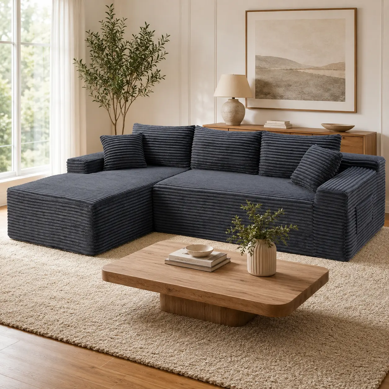 No-Assembly L-Shape Sectional with Right Chaise, Corduroy Modular Couch, Large Corner Sofa for Living Room or Bedroom L Shaped Sofa Corduroy Indoor Furniture