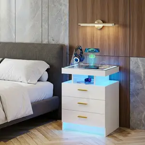 Auto Sensing LED Nightstand, White Tempered Glass Top Bedside Table with Wireless Charging Station USB Ports, High Gloss MDF Cabinet with 3 Drawers, Modern Multifunctional End Side Table for Bedroom Living Room Home Decor