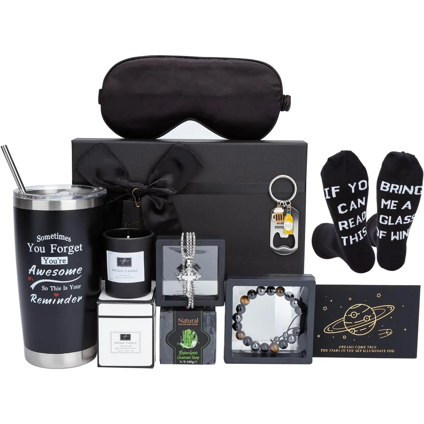 Premium Male Gift Basket Box Set - Lightweight Bamboo, Cotton, 20oz Charcoal Eye Supplies, Stainless Steel Double-Wall Items - Holiday Home & Festive Party Gifts for Dad, Boyfriend (Birthday, Retirement), Gifts For Boyfriend