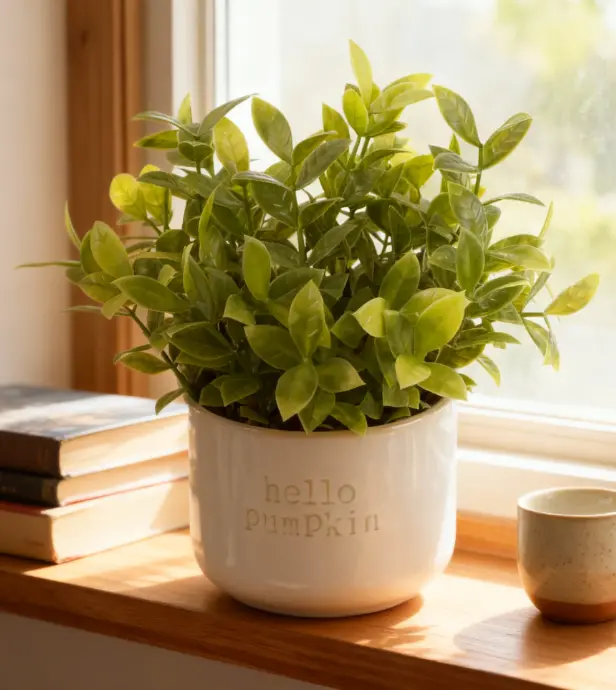 Hello Pumpkin Ceramic Footed Pot 5X5X4.75 Hand-Crafted Indoor Plant Planter with Hello Pumpkin Pattern for Home Decor 6.5x6.5x9.5 inch Tabletop Planter with Artificial Plants Included