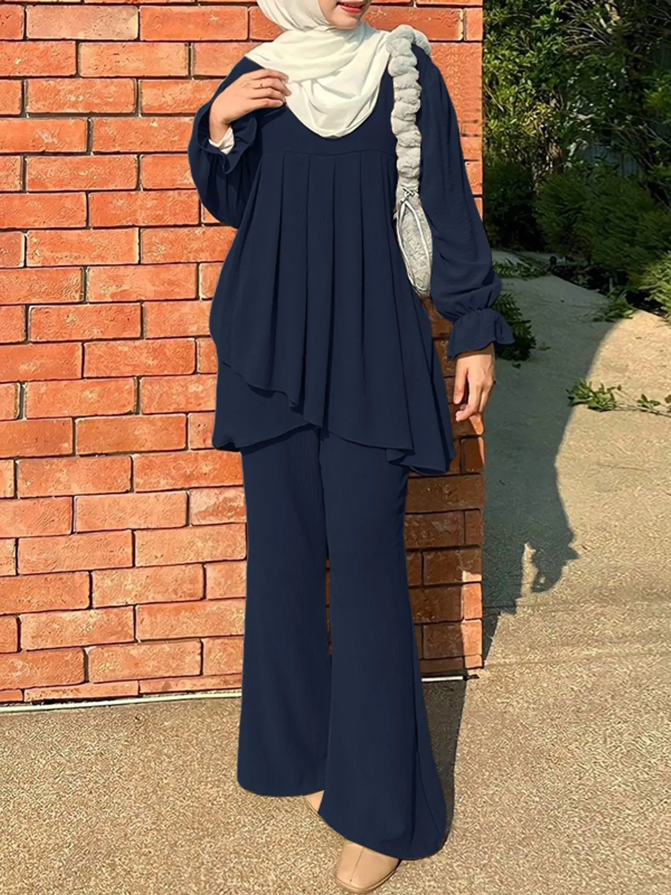 Women's Casual Solid Color Two-Piece Set, matching sets, Round Neck Long Sleeve Back-Button Blouse & High-Waist Straight-Leg Pants, Matching Co-ord Outfit