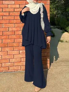Women's Casual Modest Solid Color Set, Two Piece Set Women, Clothing Set, Matching Set Outfit, Round Neck Long Sleeve Tunic Blouse with Back Button and High Waist Straight Leg Pants, All Seasons