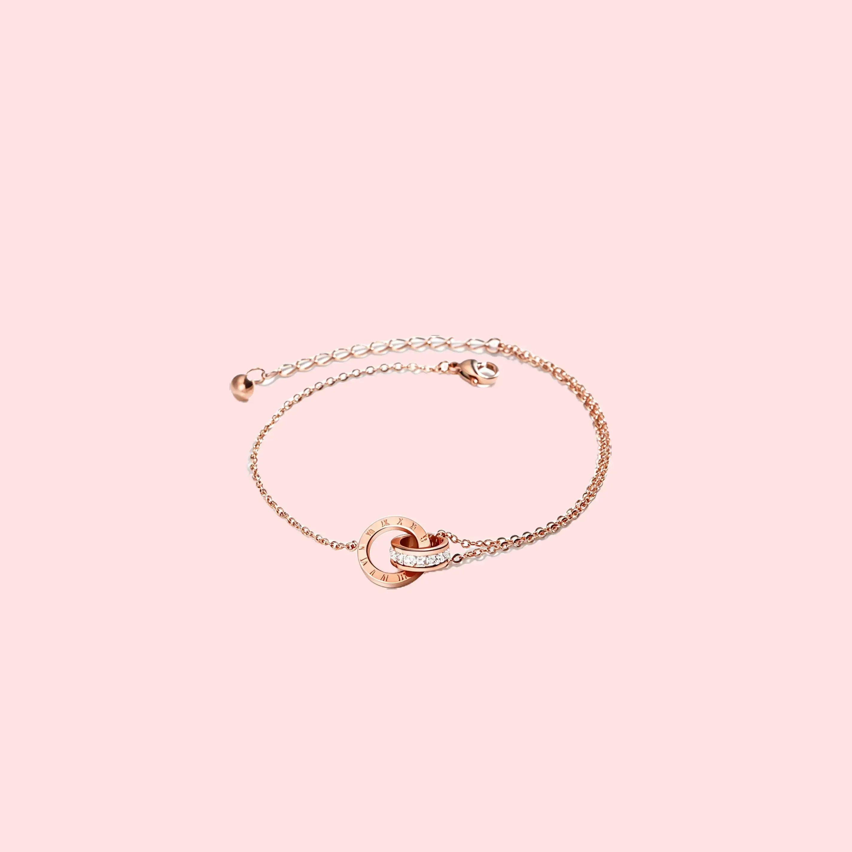 Geometric Double Circle Titanium Steel Bangle, Rose Gold with Roman Numerals & Zircon Inlays, Minimalist Elegant Costume Jewelry for Dating, Banquet Gifts