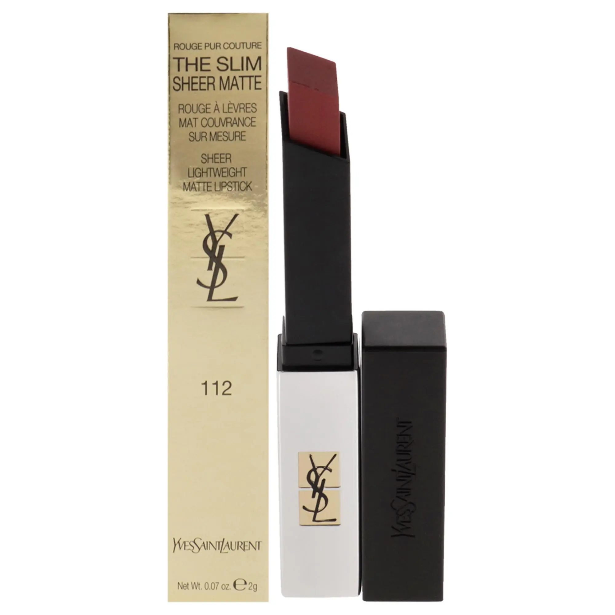 Yves Saint Laurent Rouge Pur Couture The Slim Sheer Matte Makeup Lipstick - 112 Raw Rosewood, Women's Lightweight Single Item for Everyday Use, Sleek and Modern Look, 0.07 oz