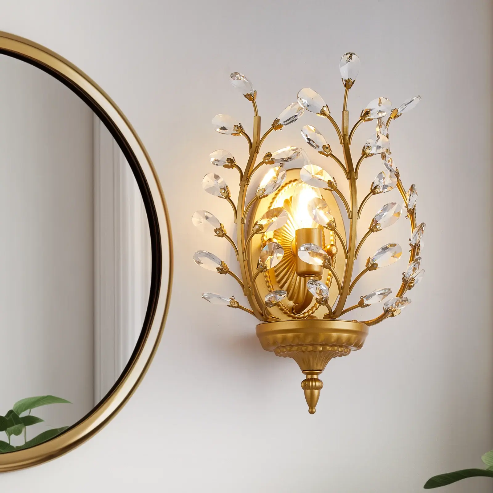 Garwarm Crystal Steel Flush Mounted Sconce Fixtures,Wall Sconce for Living Room Dining Room Bedroom Restaurant Porch(Gold),Fit for E12/E14 Bulb