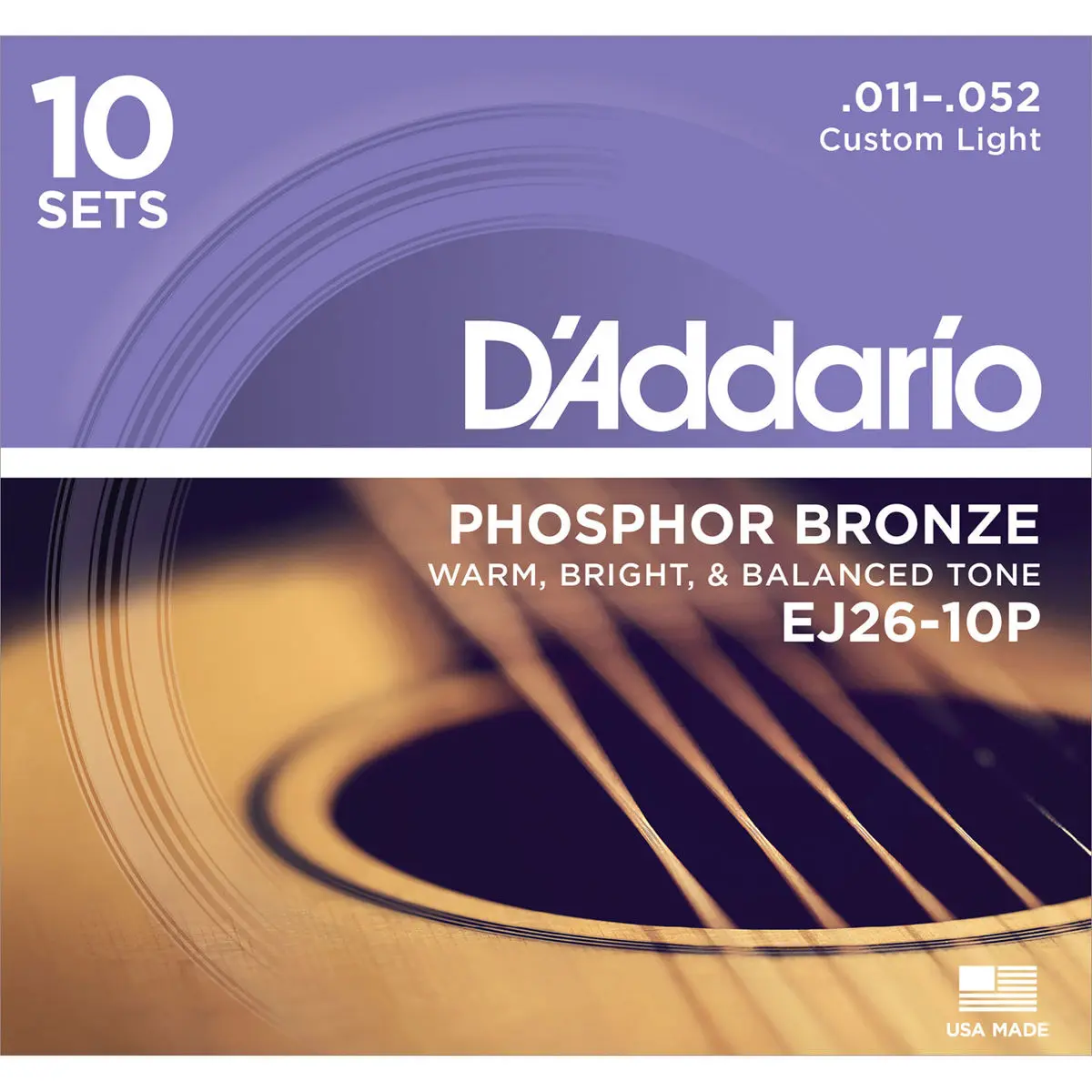 D'Addario EJ26 Phosphor Bronze Acoustic Guitar Strings Acoustic Set, Custom Light, 11-52 Gauge, 10-Pack