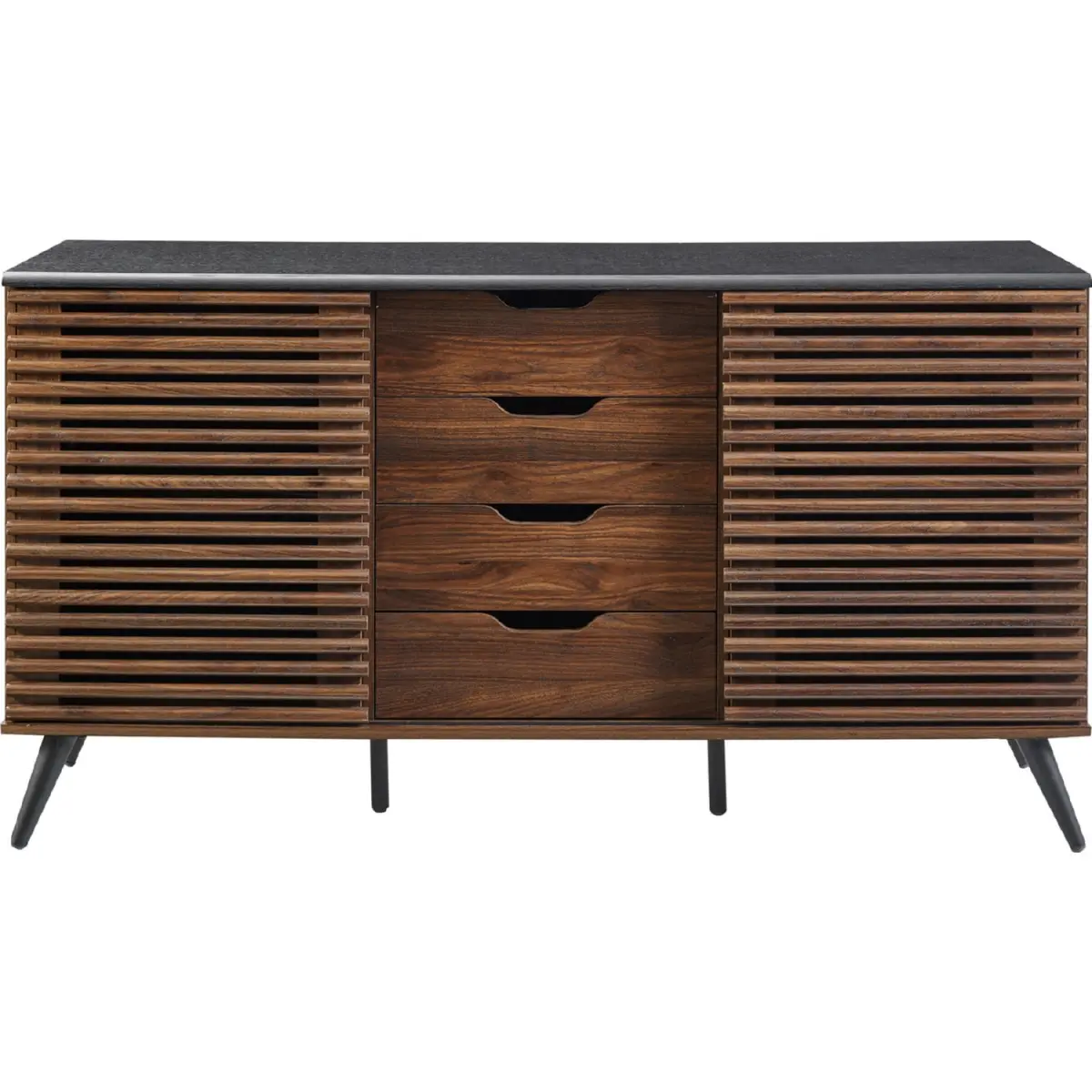 Walker Edison BU59HAV4DREBDW 59 in. Havana Sliding Slat Double Door Sideboard - 4 Drawer-Equipped, Durable Handle, High-Capacity, Large Capacity, Ebony & Dark Walnut, Double Door Sideboards, Drawer-Equipped Sideboards